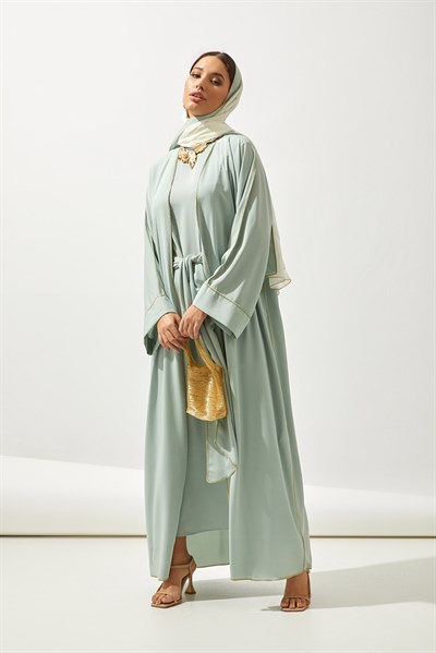 LINE ABAYA DRESS SHAWL 3 PIECE SET -MINT