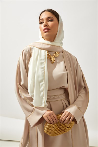 LINE ABAYA DRESS SHAWL 3 PIECE SET -POWDER