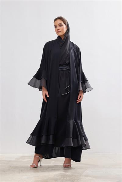 Organza Details Abaya - BLACK