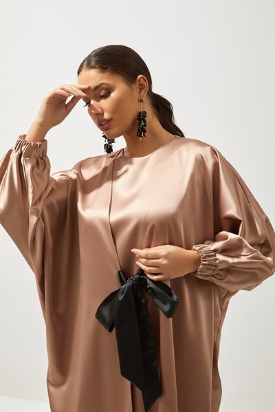 SATIN BOW ABAYA-BEIGE