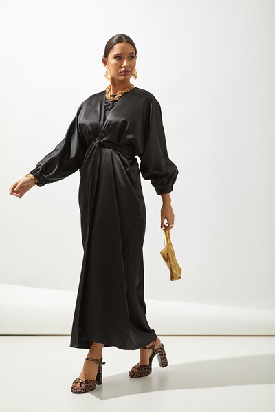 SATIN BOW ABAYA-BLACK