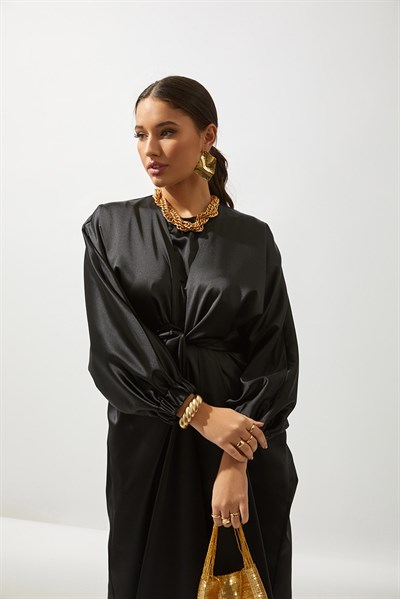 SATIN BOW ABAYA-BLACK