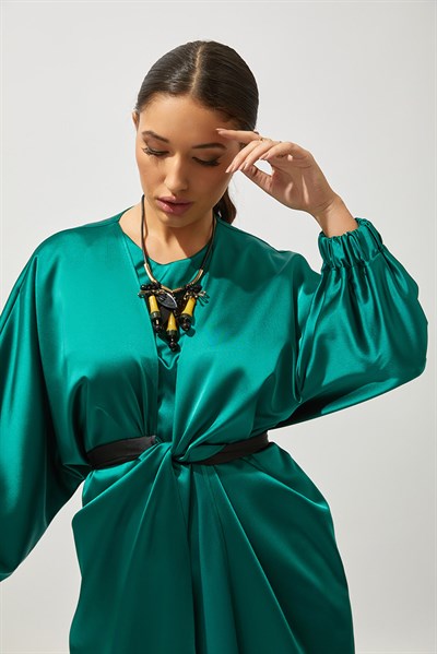 SATIN BOW ABAYA-GREEN