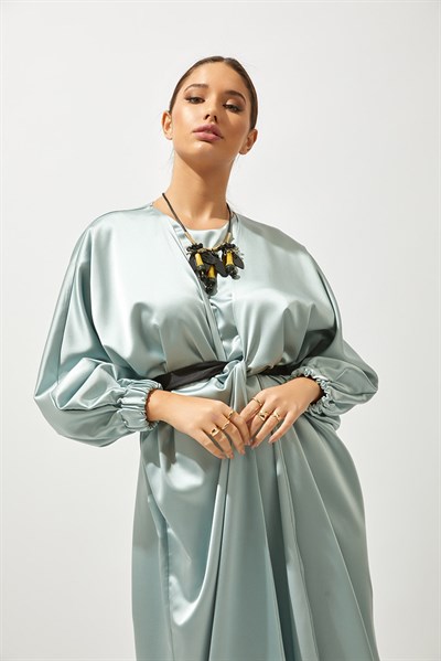 SATIN BOW ABAYA-MINT