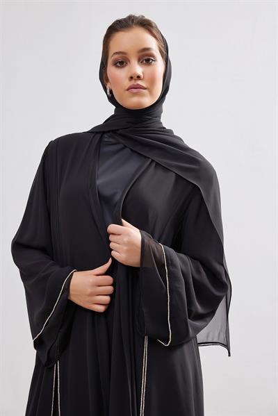 Stone Detail Chiffon Abaya - BLACK