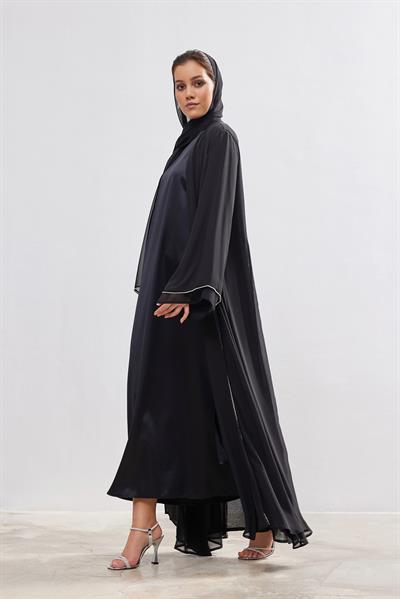 Stone Detail Chiffon Abaya - BLACK