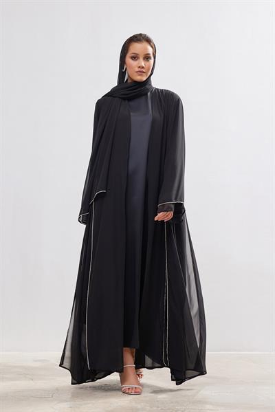 Stone Detail Chiffon Abaya - BLACK