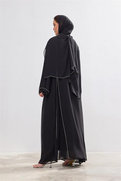 Stone Detail Chiffon Abaya - BLACK