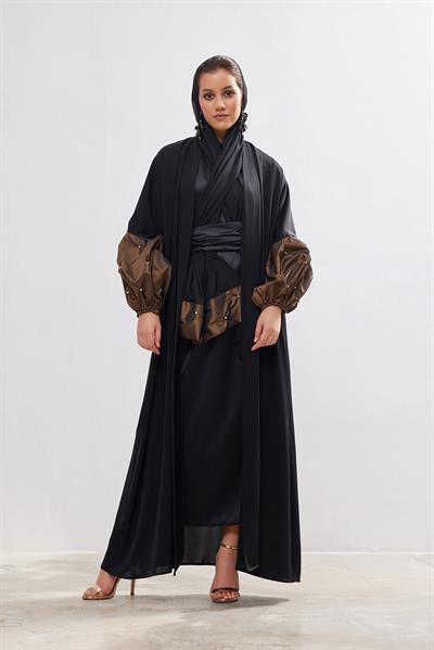 Taffeta Details Abaya - BROWN-BLACK