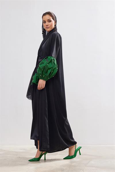Taffeta Details Abaya - GREEN-BLACK