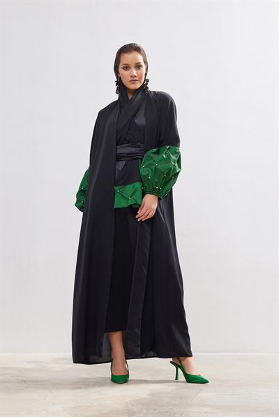 Taffeta Details Abaya - GREEN-BLACK