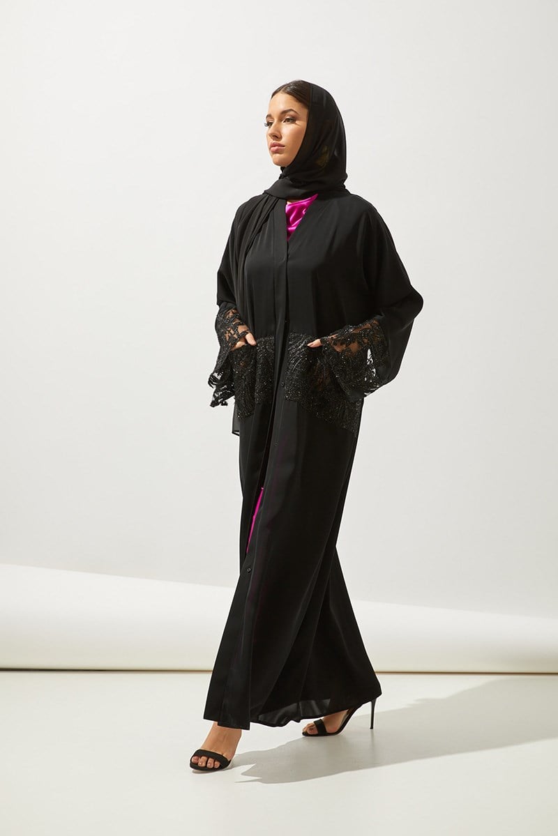LACE DETAILS ABAYA-BLACK