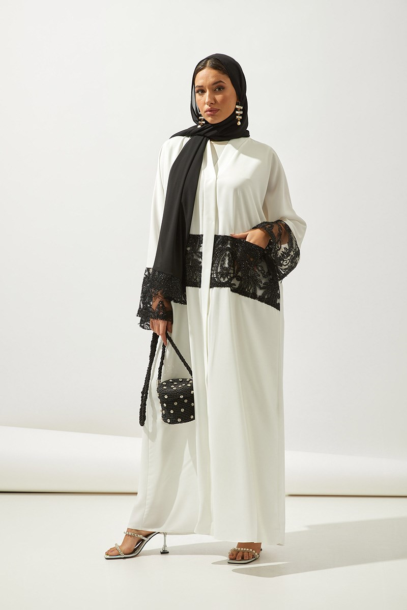 LACE DETAILS ABAYA-WHİTE