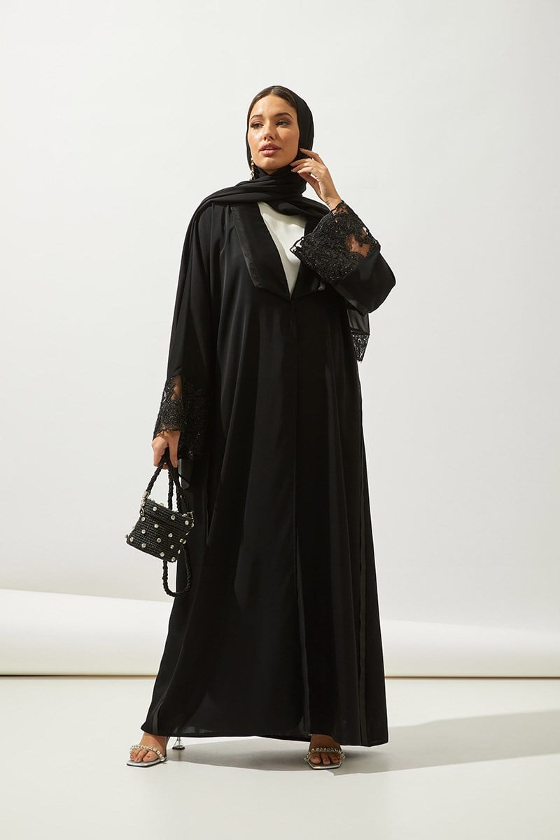 LACE DETAILS ABAYA-BLACK