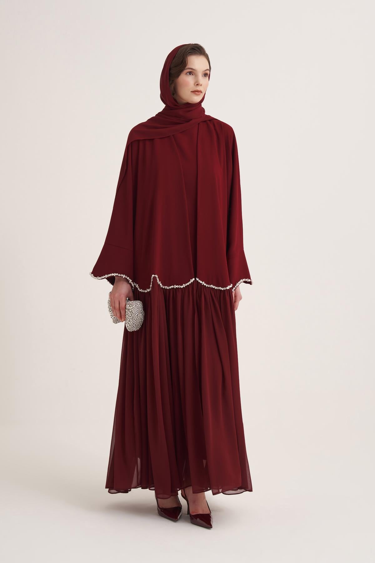 LINA CRYSTAL ABAYA & SCARF-BURGUNDY