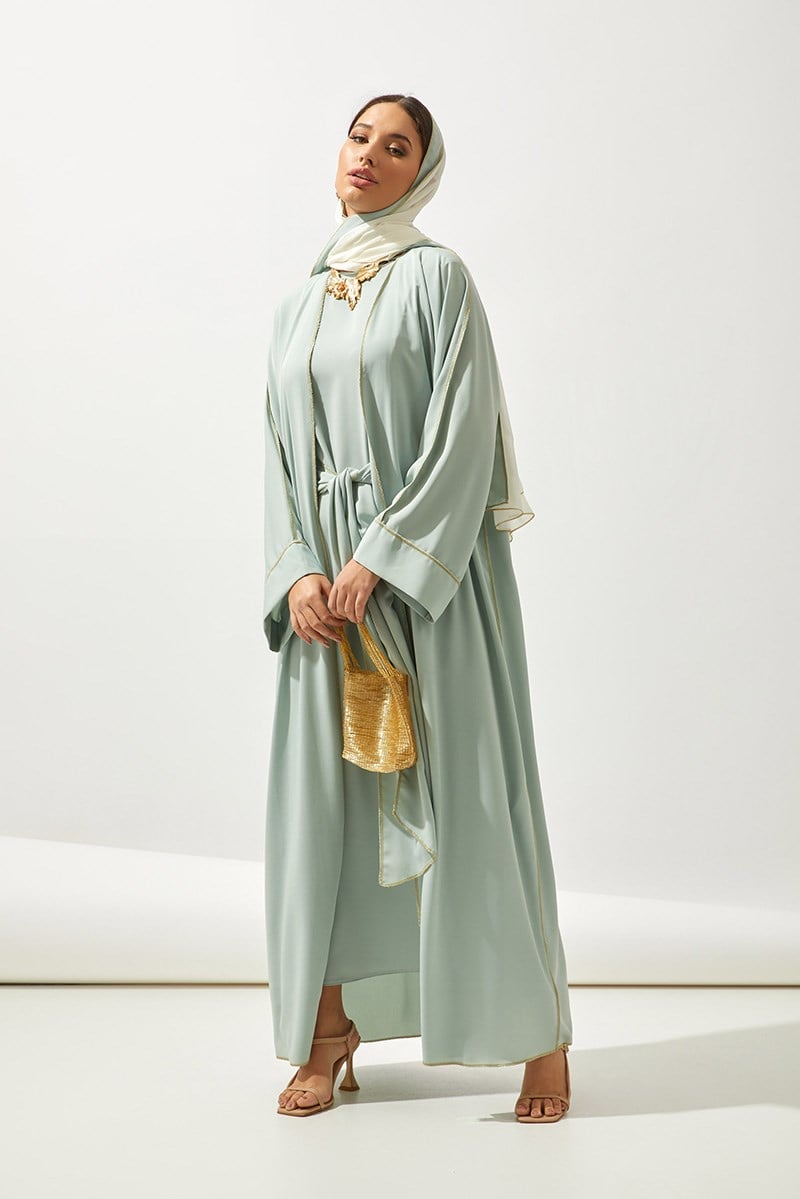 LINE ABAYA DRESS SHAWL 3 PIECE SET -MINT