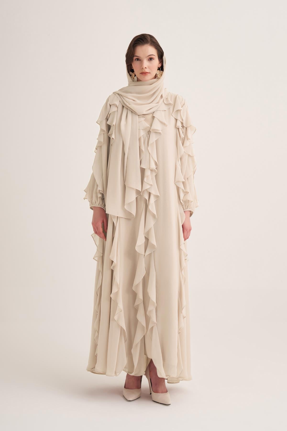LOLA ABAYA & SCARF-GREEN-BEIGE