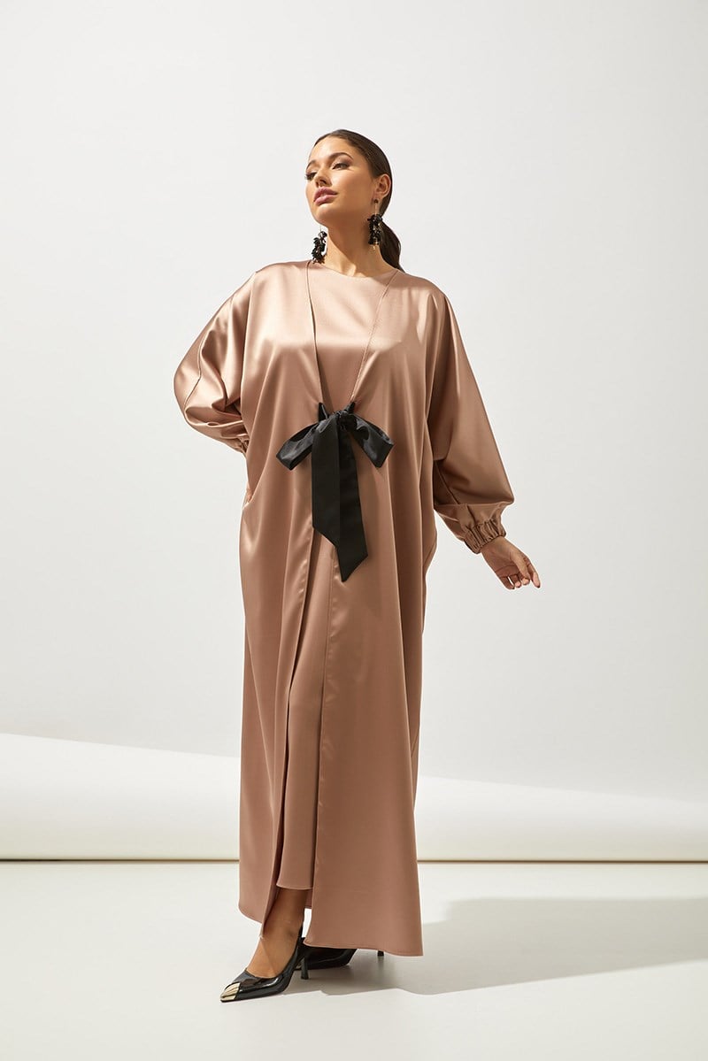 SATIN BOW ABAYA-BEIGE
