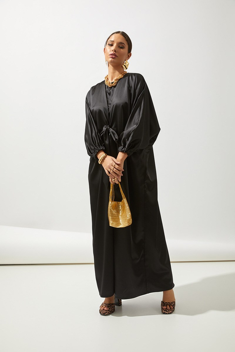 SATIN BOW ABAYA-BLACK