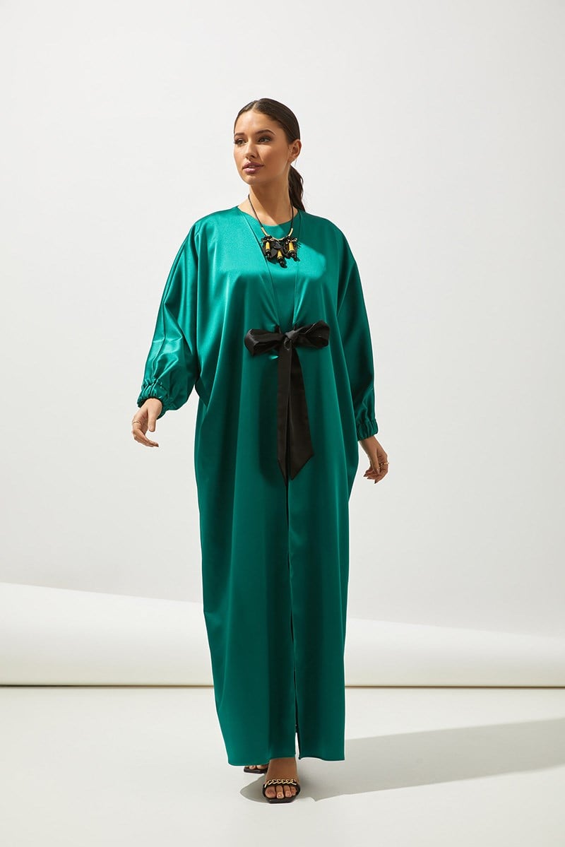 SATIN BOW ABAYA-GREEN