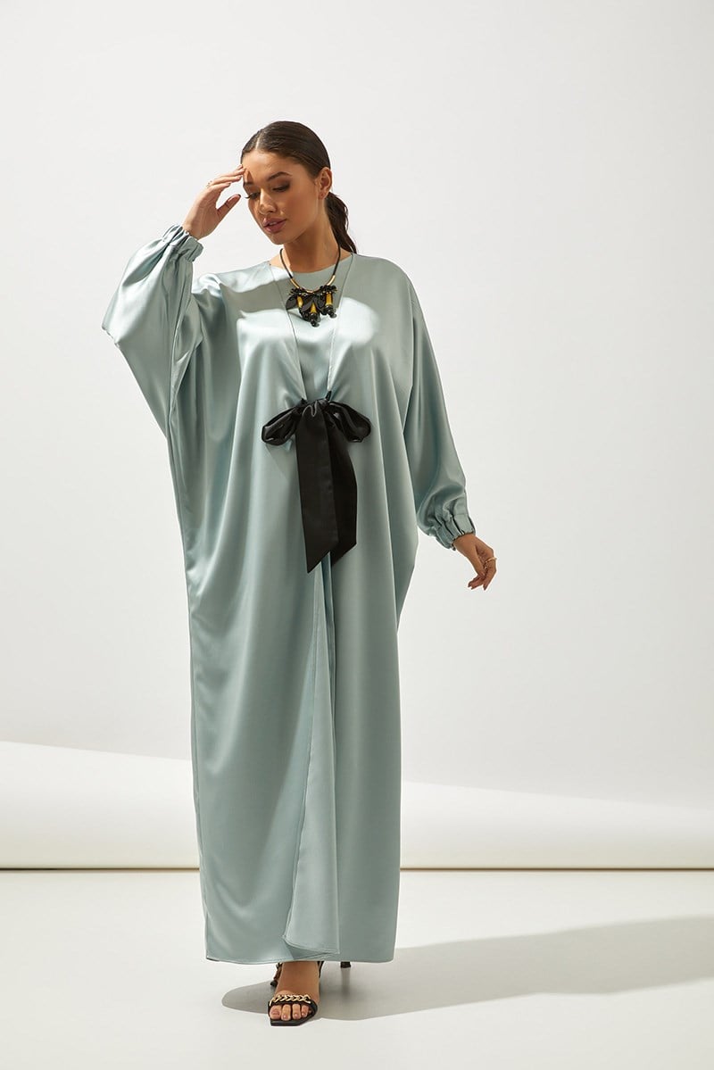 SATIN BOW ABAYA-MINT