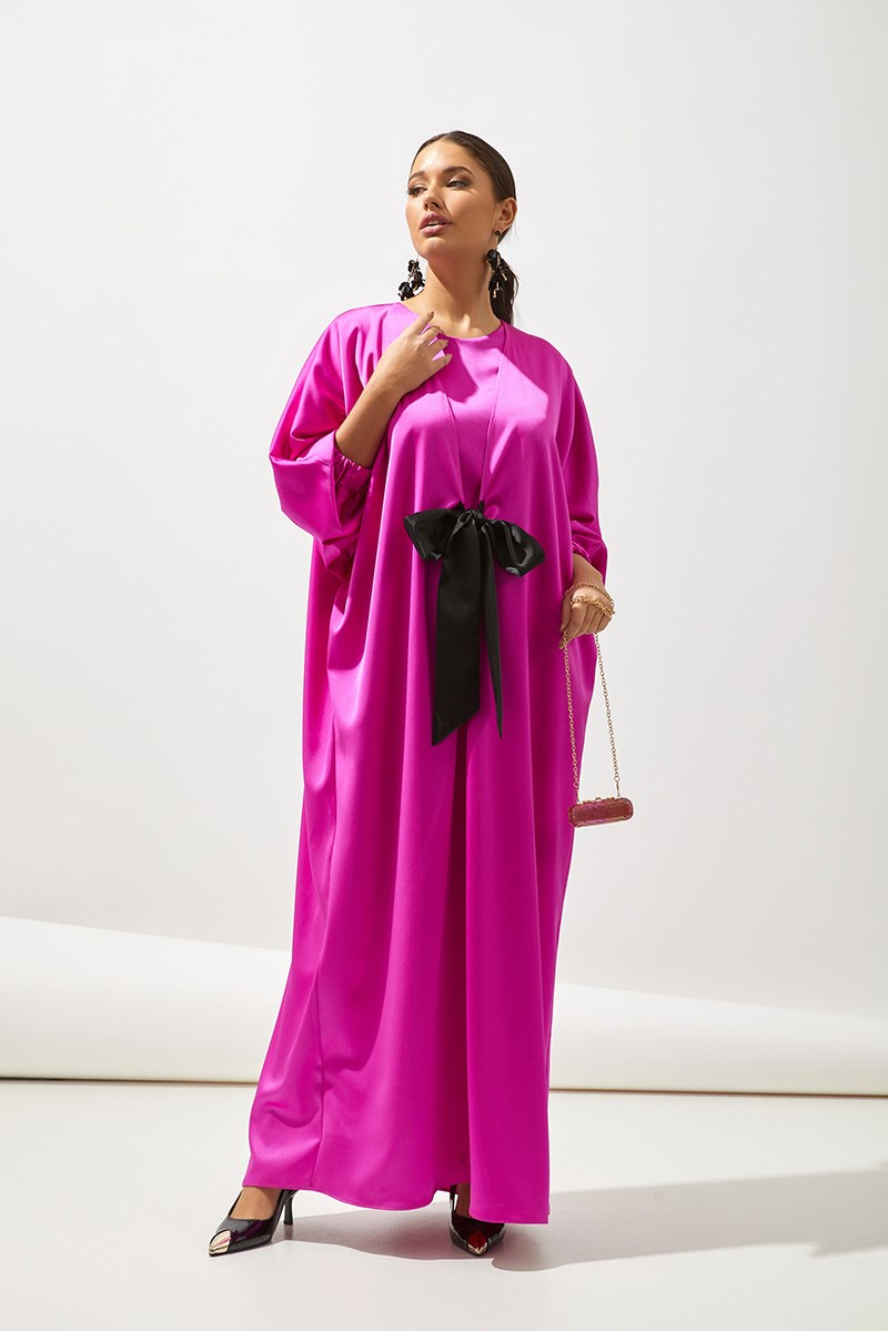 SATIN BOW ABAYA - PINK