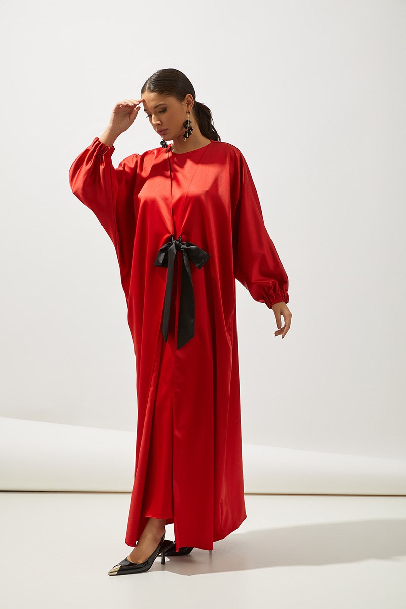 SATIN BOW ABAYA-RED
