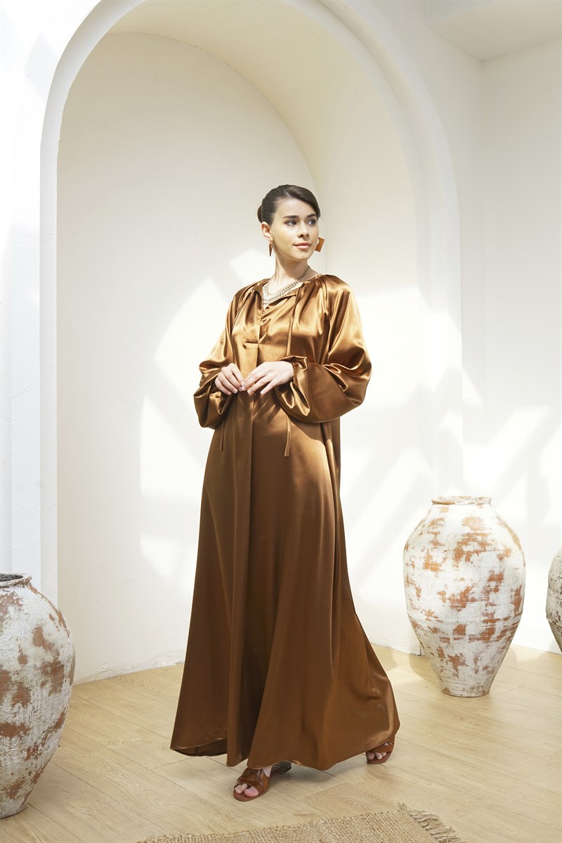 SATIN DRESS - KAHVERENGİ