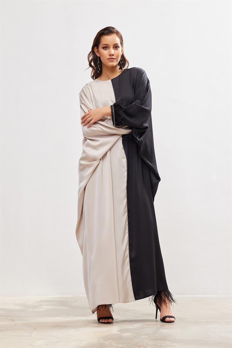 Silk Touch Two Color Kaftan - BLACK-BEIGE