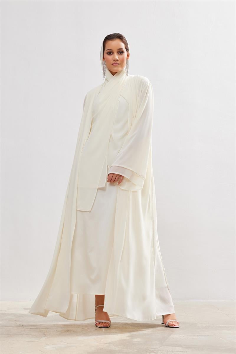 Stone Detail Chiffon Abaya - CREAM