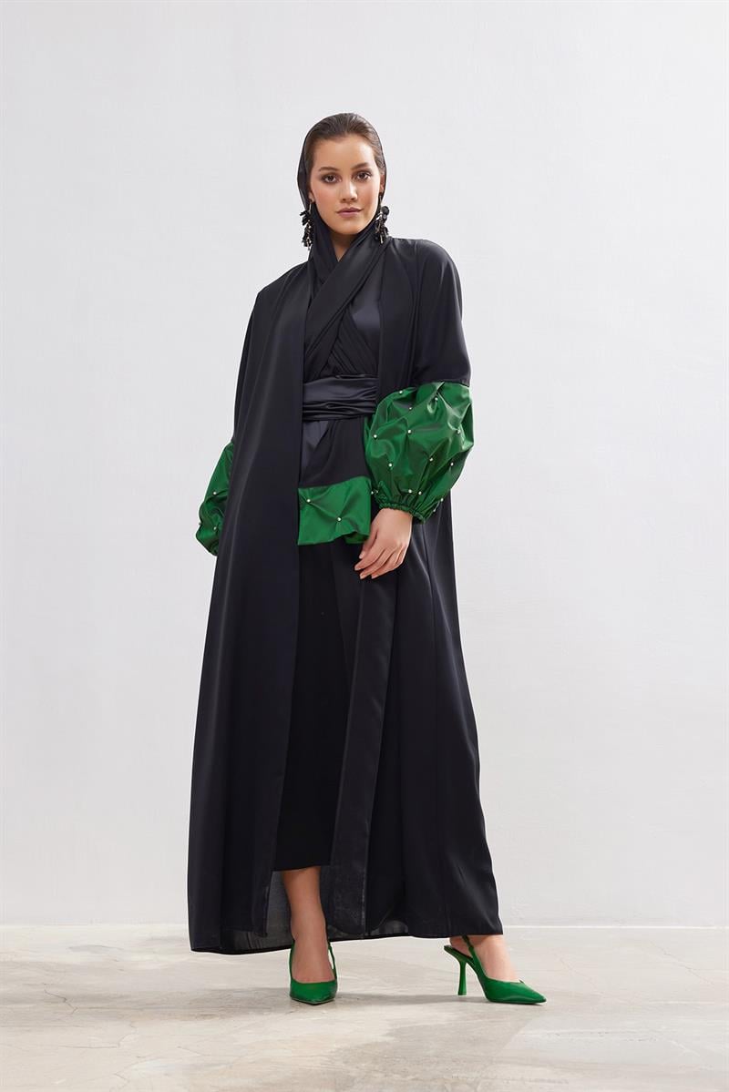 Taffeta Details Abaya - GREEN-BLACK