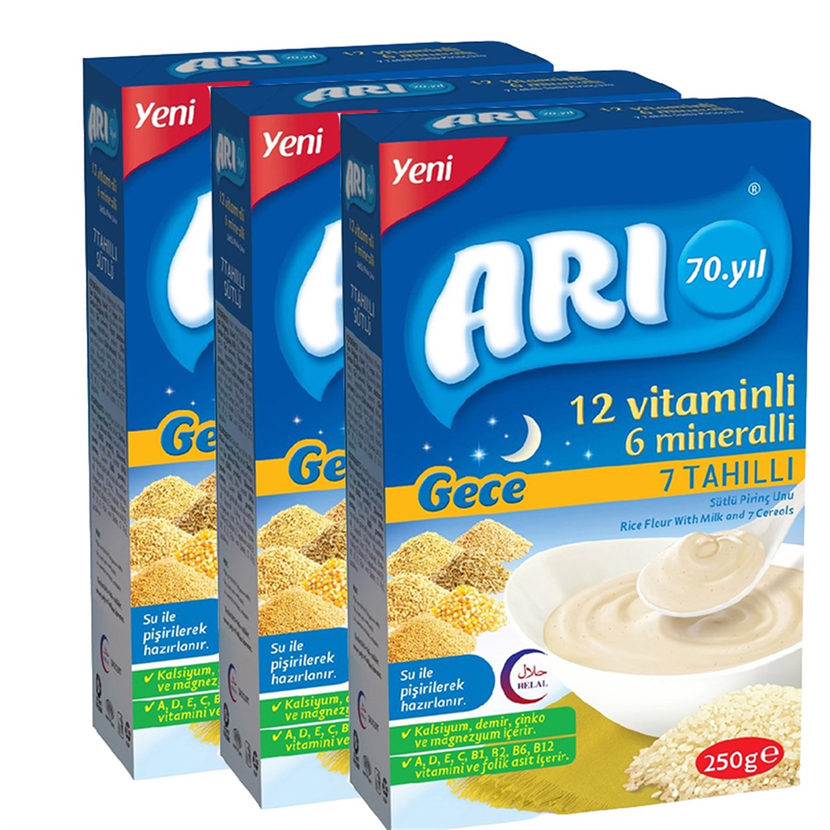 Arı 12 Vitaminlı 6 Mineralli Gece 7 Tahıllı Sütlü Pirinç Unu Bebek Maması  250 gr 3 Lü Paket