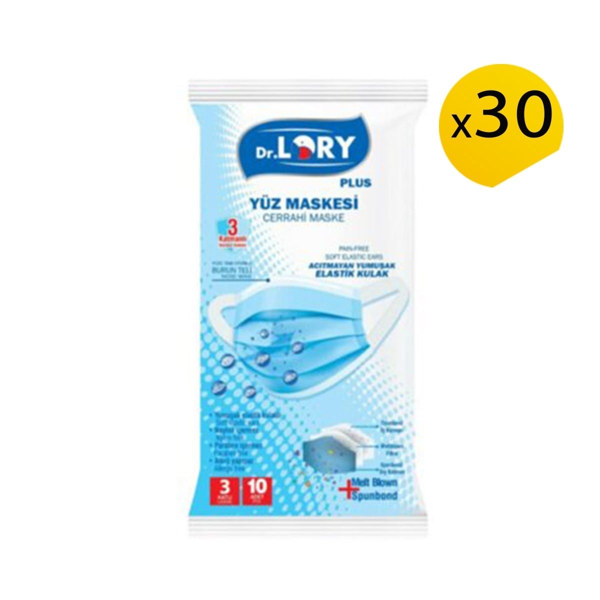 Dr. Lory Meltblown Yumuşak Elastik Kulaklı Cerrahi Maske 10'lu 30 Paket