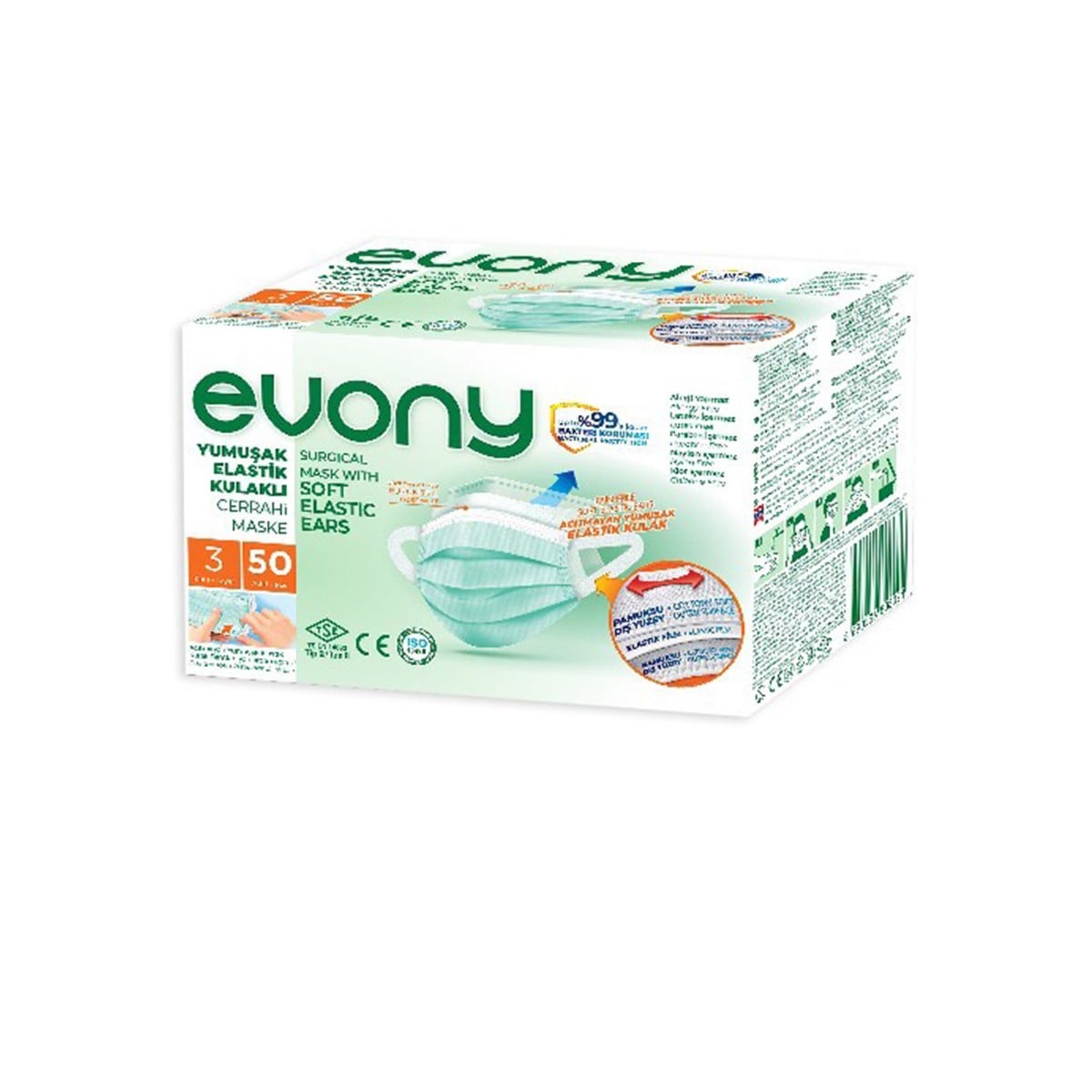 Evony Yumuşak Elastik Kulaklı Cerrahi Maske 50 Adet