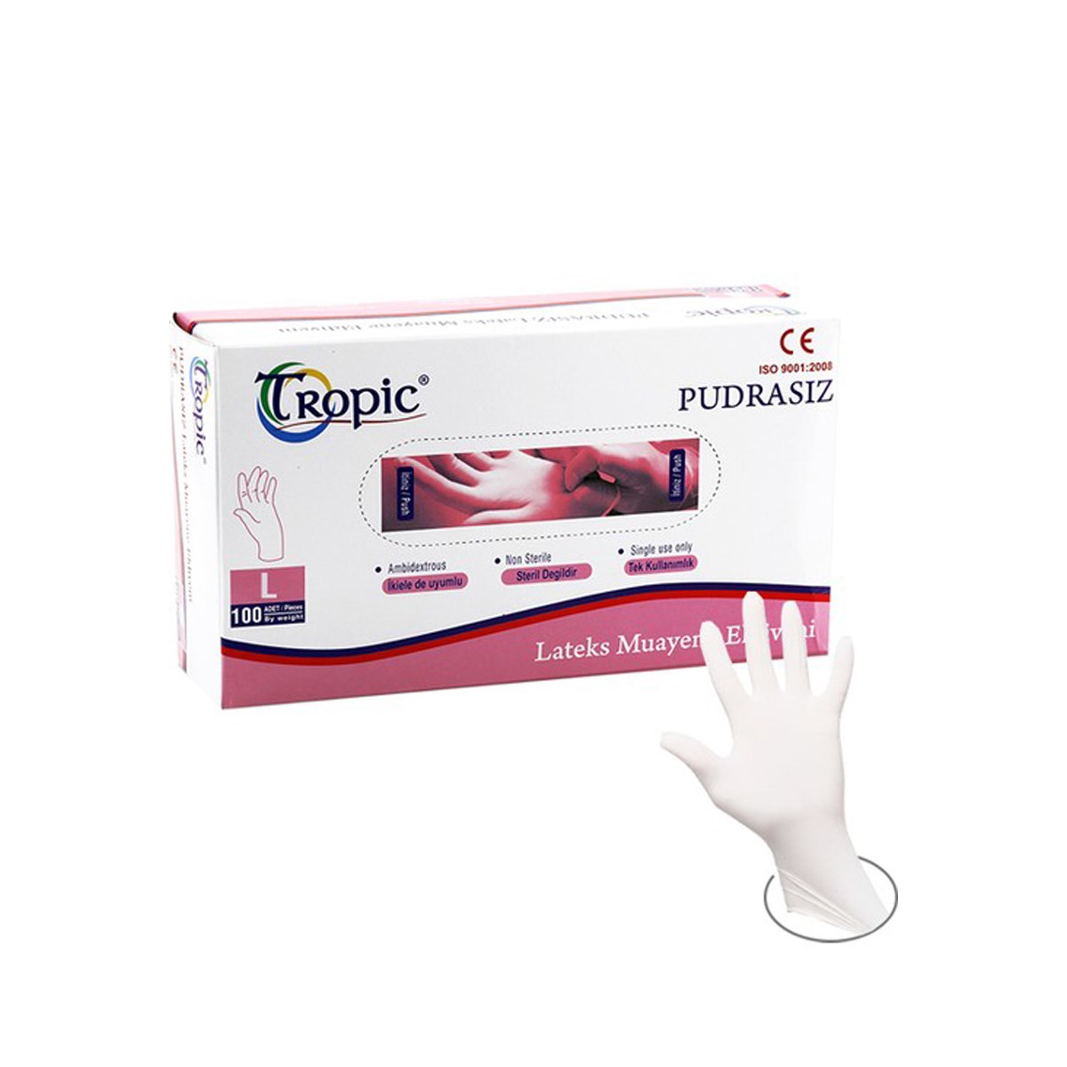 Tropic Lateks Pudrasız Large 100'lü Muayene Eldiveni