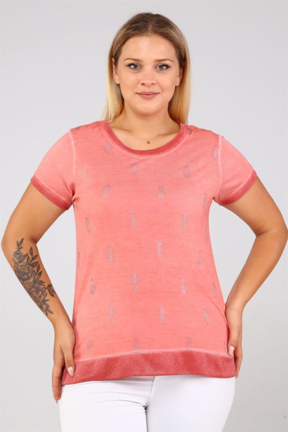 Ananas Baskılı Yakası Ve Etek Ucu Sim Detaylı Tshirt-AÇIK KİREMİT