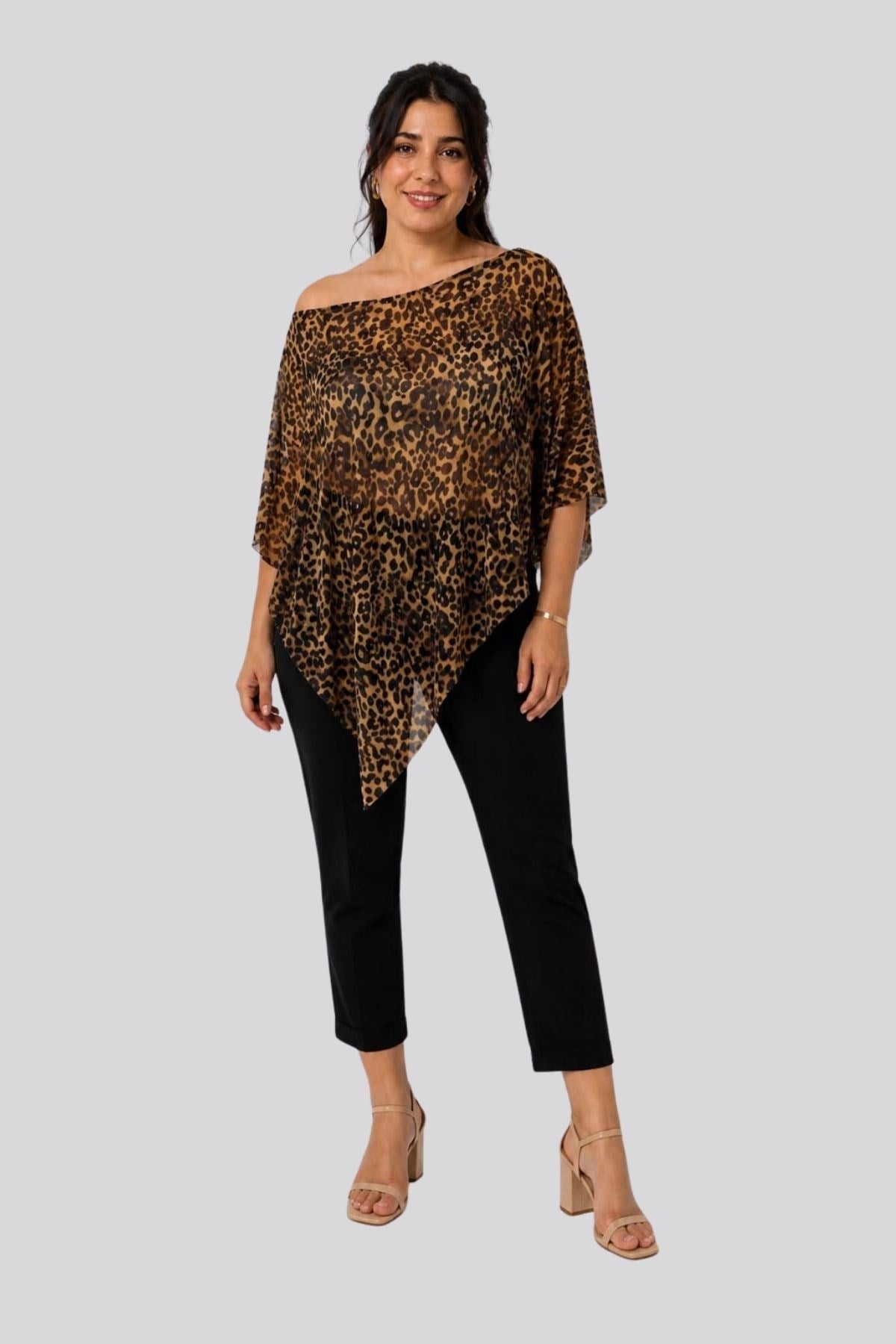 Asimetrik Oversize Kesim Leopar Desen Transparan Yazlık Panço Bluz-KAHVE