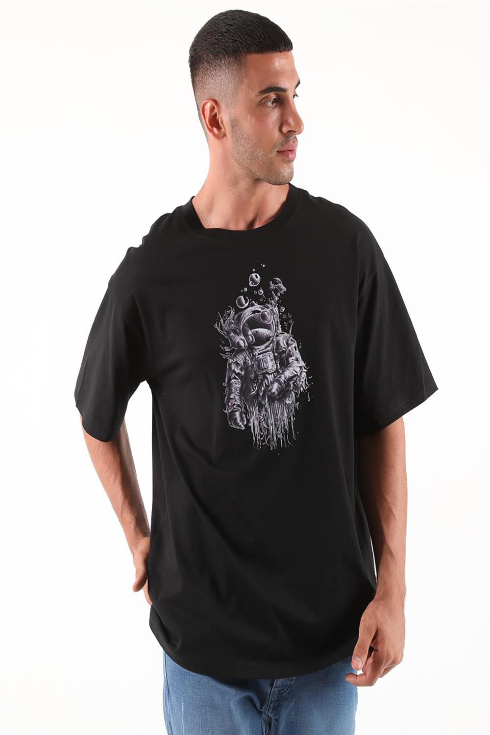 Astranot Baskılı Oversize Erkek Tshirt-SİYAH