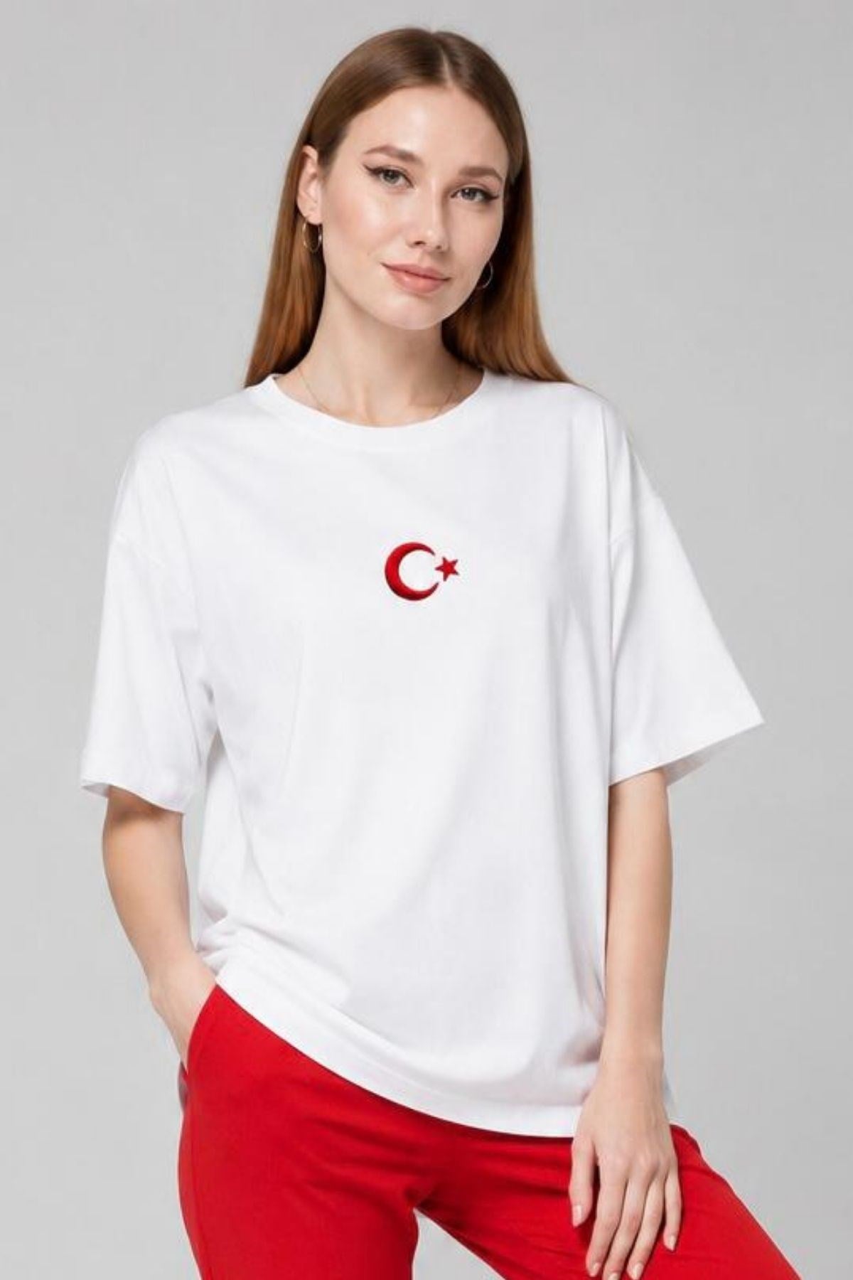 Ay Yıldız Baskılı Büyük Beden Oversize Özel Üretim Tshirt-BEYAZ