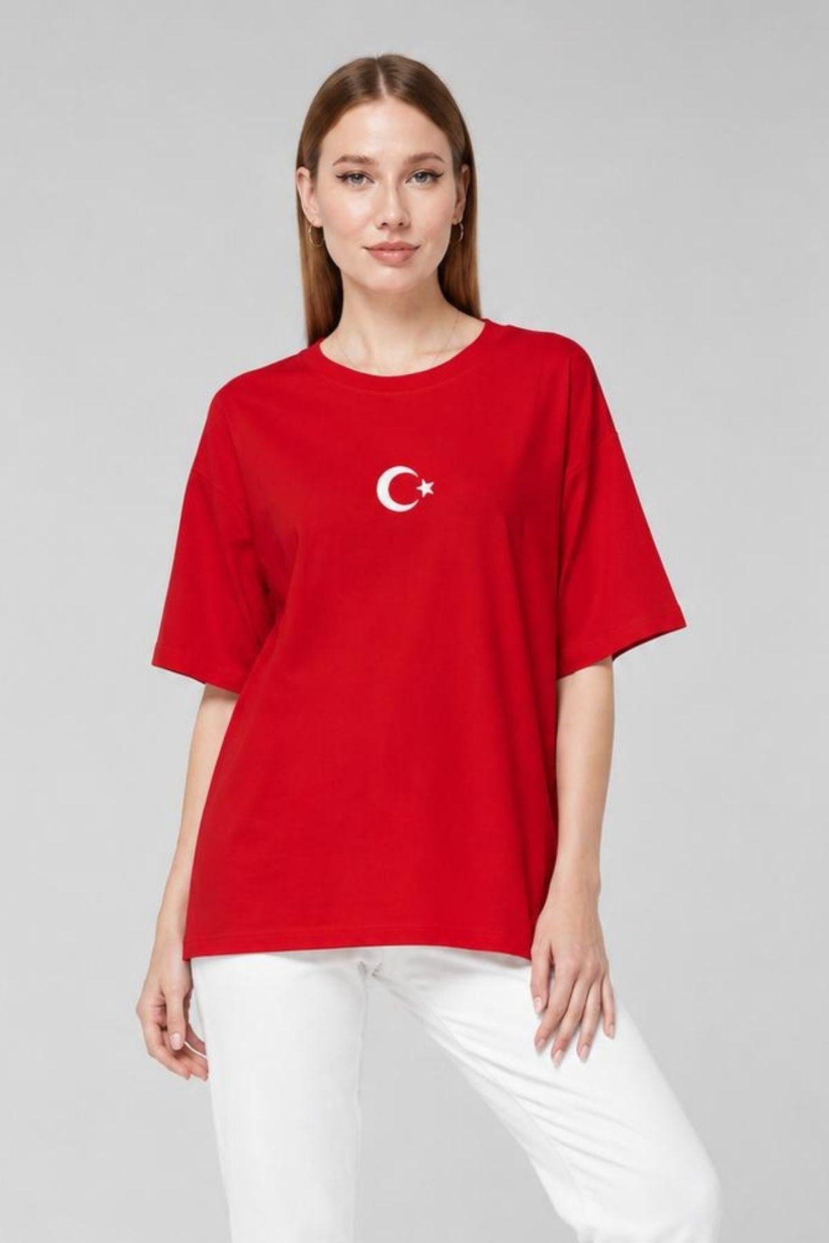 Ay Yıldız Baskılı Büyük Beden Oversize %100 Pamuk  Özel Üretim Tshirt-KIRMIZI