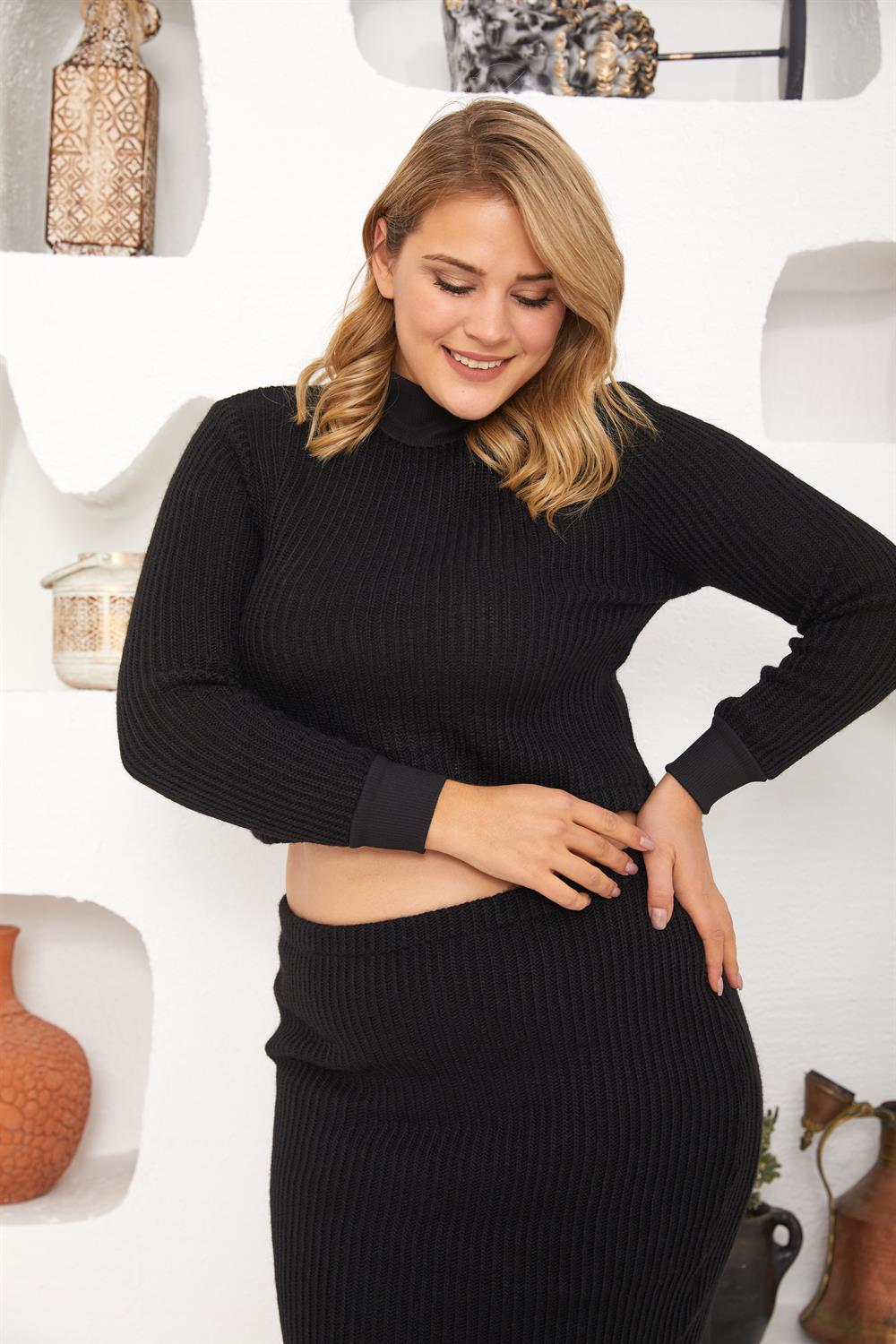 Balıkçı Yaka Crop Body Kazak-SİYAH