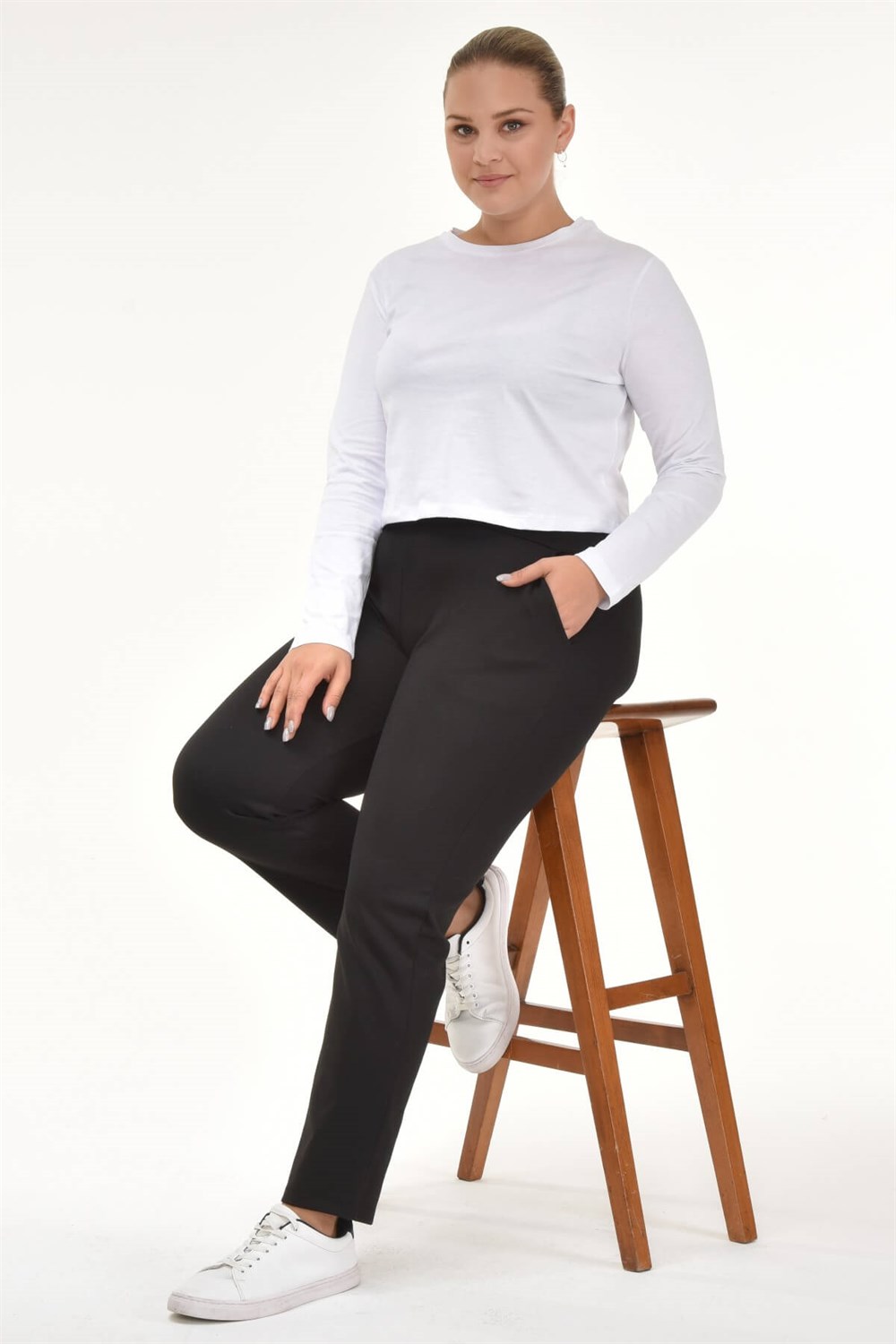 Basic Crop Uzun Kol Tshirt-BEYAZ