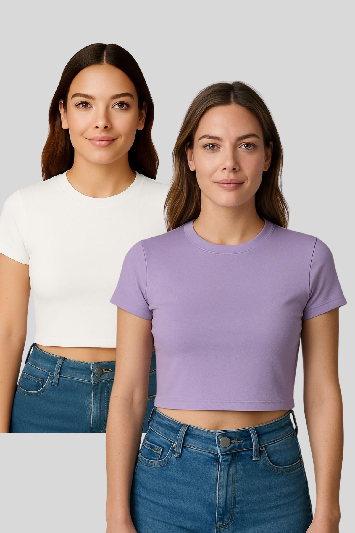 Bisiklet Yaka İkili Paket Kısa Kol Crop Ribana Tshirt LİLA-KIRIK BEYAZ