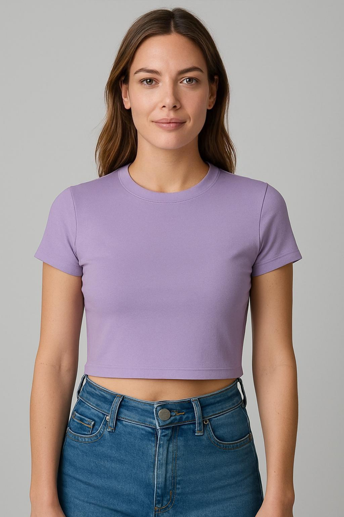 Bisiklet Yaka Kısa Kol Crop Ribana Tshirt LİLA
