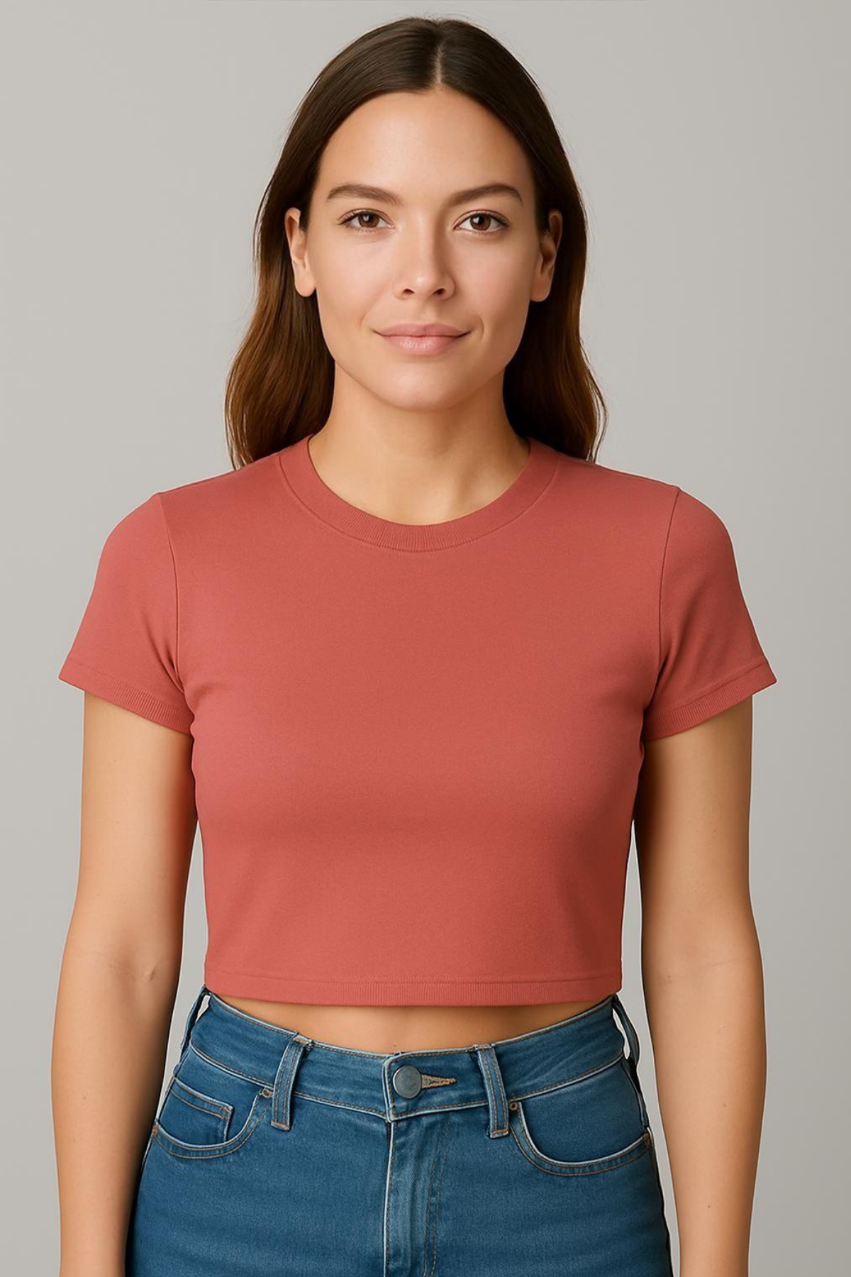 Bisiklet Yaka Kısa Kol Crop Ribana Tshirt KİREMİT