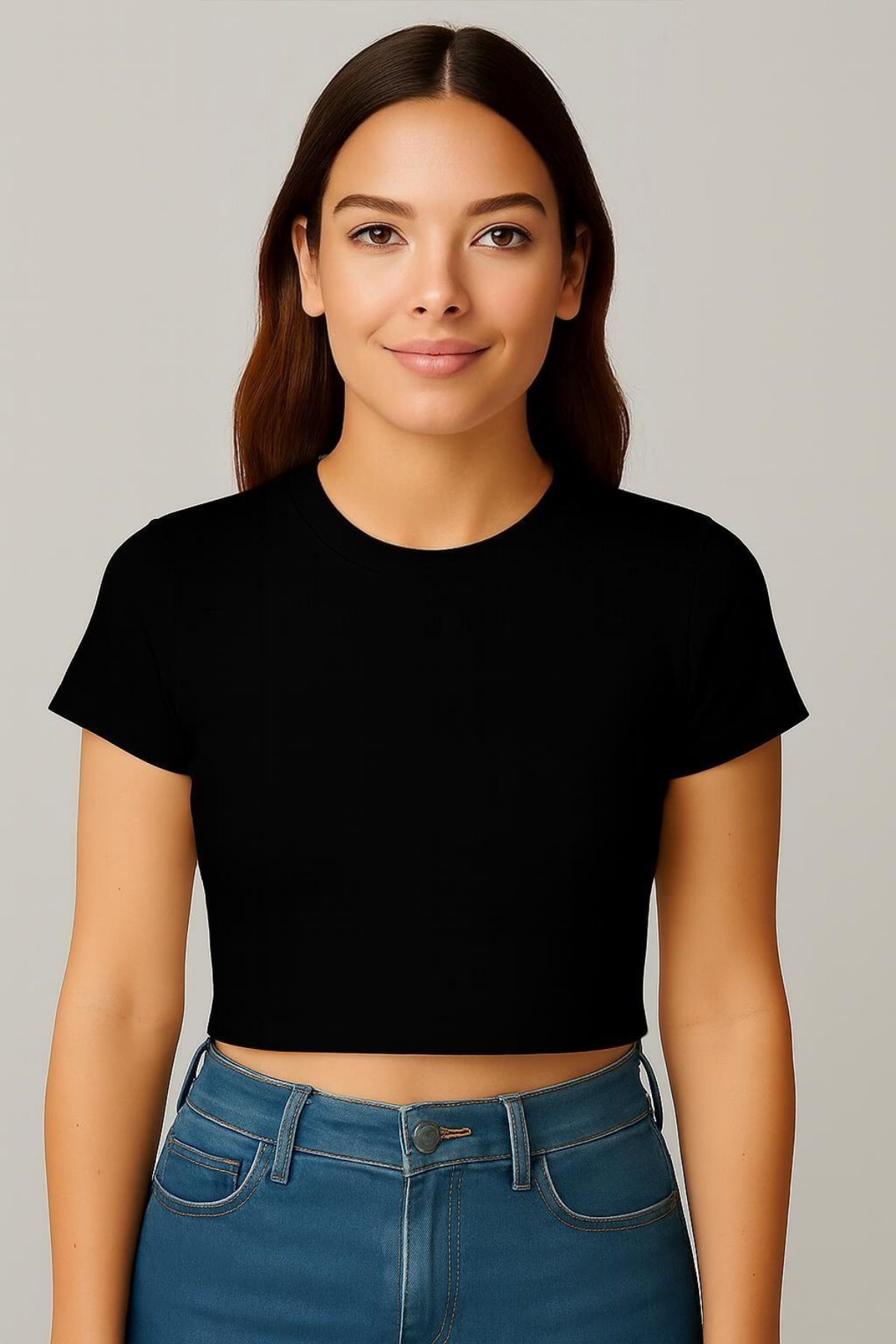 Bisiklet Yaka Kısa Kol Crop Ribana Tshirt+-SİYAH