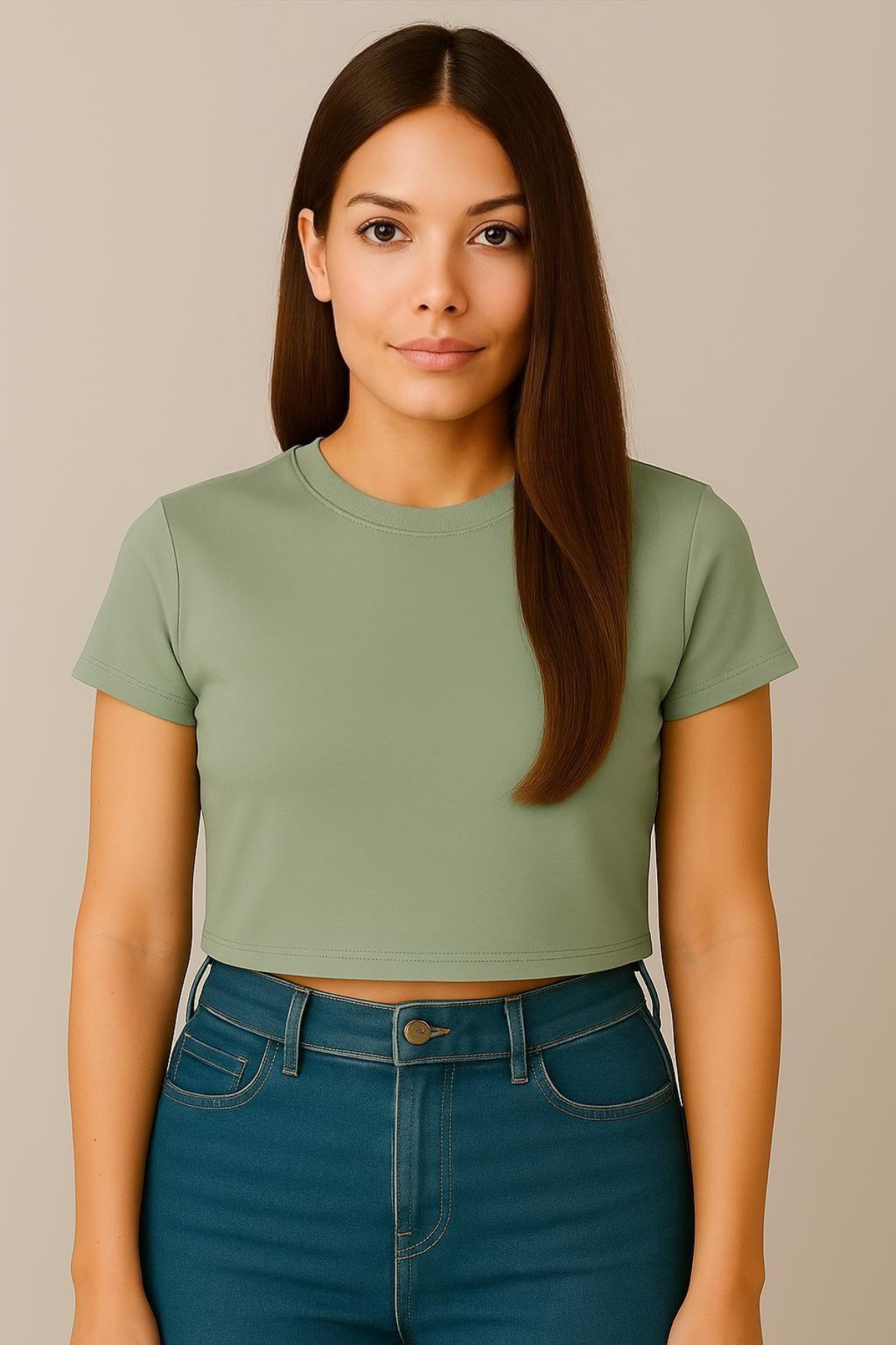 Bisiklet Yaka Kısa Kol Crop Ribana Tshirt NİL YEŞİLİ