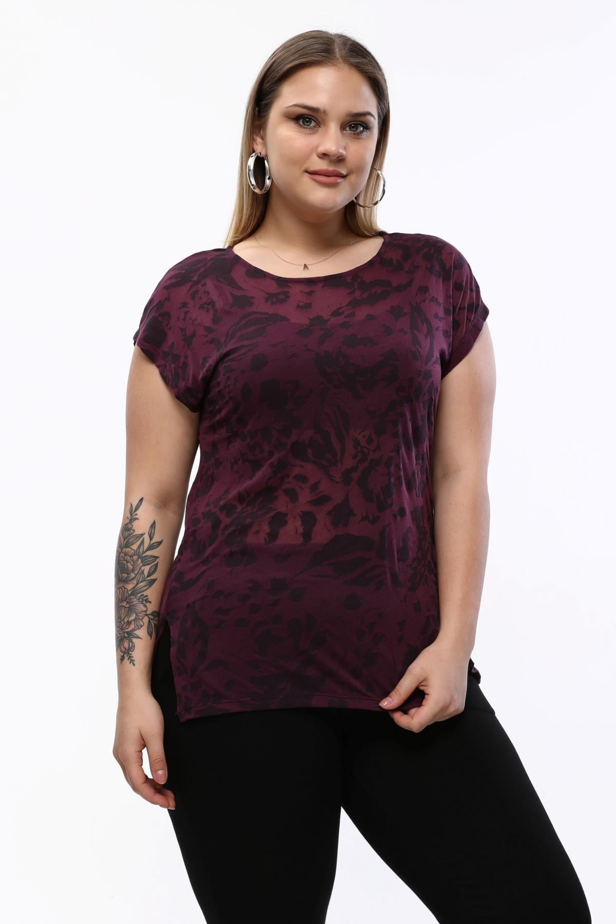 Büyük Beden Devore Kumaş Ferah Tutan Yırtmaçlı Kısa Kol Tshirt-MOR