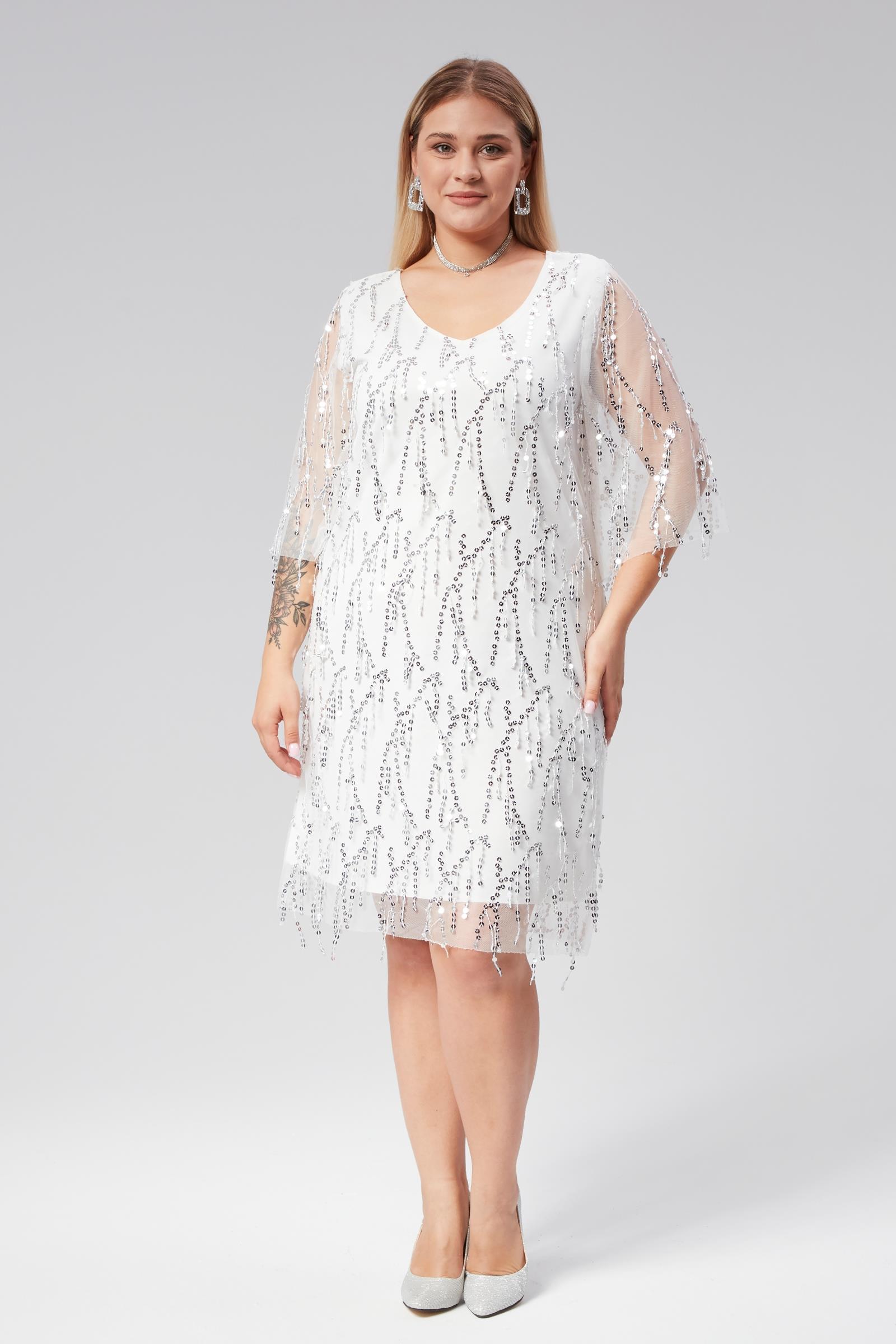 Büyük Beden V Yaka Saçak Pul İşlemeli Abiye Elbise-BEYAZ