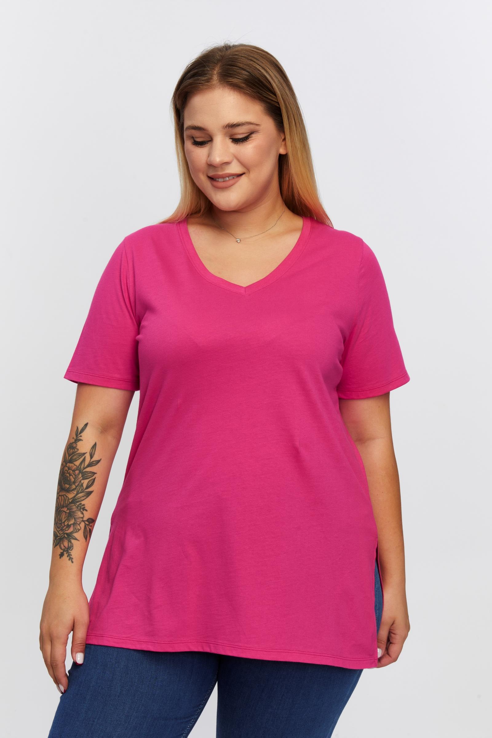 Büyük Beden V Yaka Yırtmaçlı Pamuk Basic Tshirt-FUŞYA